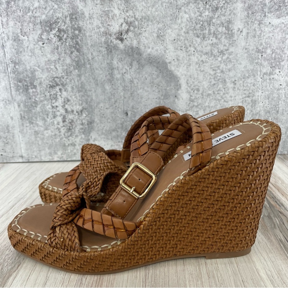 Steve Madden Jylan Woven Wedge Sandals Cognac Brown 11 New - Picture 2 of 11